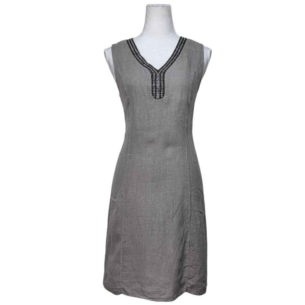 Lina Tomei Gray Midi Dress, Embelished V Neck, Size Small